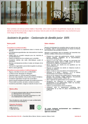 Assistant-e de gestion – Gestionnaire de clientèle junior 100% Assistant-e de gestion – Gestionnaire de clientèle junior 100%