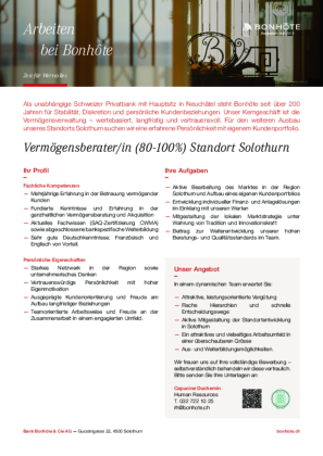 Vermögensberater/in (80-100%) Standort Solothurn