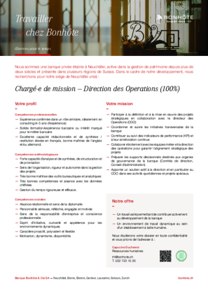 Chargé-e de mission — Direction des Operations (100%) Chargé-e de mission — Direction des Operations (100%)