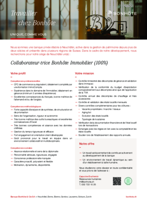 Collaborateur-trice Bonhôte Immobilier (100%) Collaborateur-trice Bonhôte Immobilier (100%)