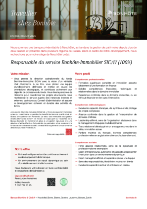 Responsable du service Bonhôte-Immobilier SICAV (100%) Responsable du service Bonhôte-Immobilier SICAV (100%)