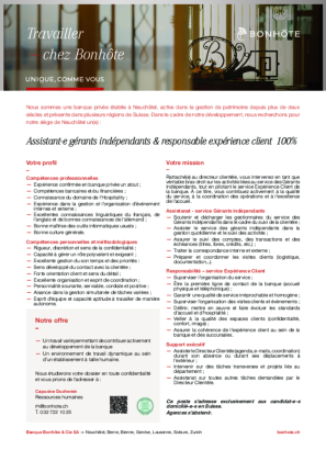 Assistant-e gérants indépendants & responsable expérience client 100% Assistant-e gérants indépendants & responsable expérience client 100%